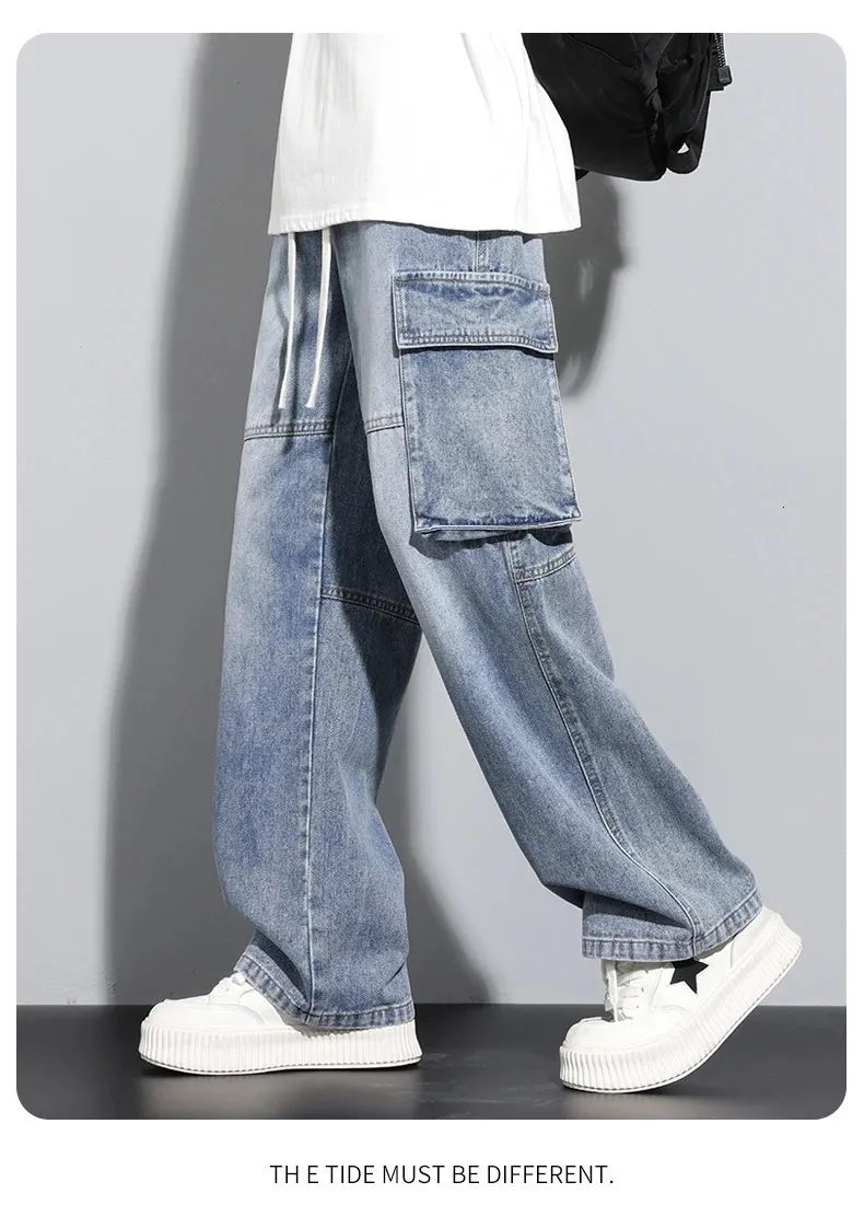 Men's Baggy Straight Cargo Jeans Elastic Waist Vintage Blue Black ...