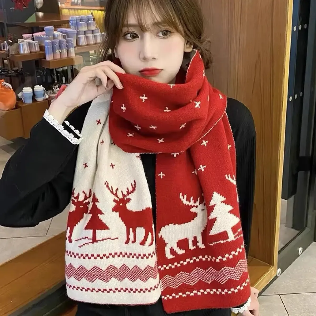 Winter Warm Scarf for Women Men Deer Elk Double-Sided Knitted Scarves ...