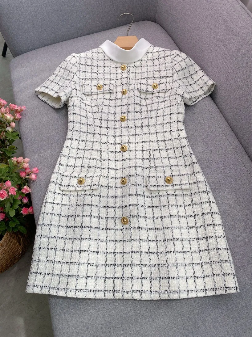ivory plaid dress 2025 Autumn Panelled Tweed Dress, Short Sleeve, Stand Neck, Single-Breasted, Casual — Check Size Chart LowStock:43642541801523