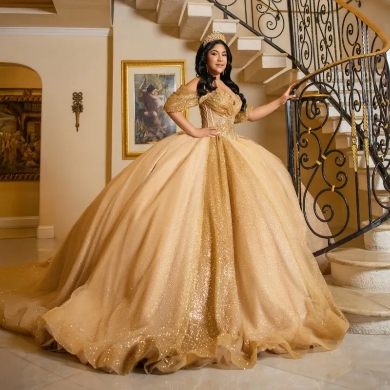 gold quinceanera dresses off the shoulder Clothing_Dresses