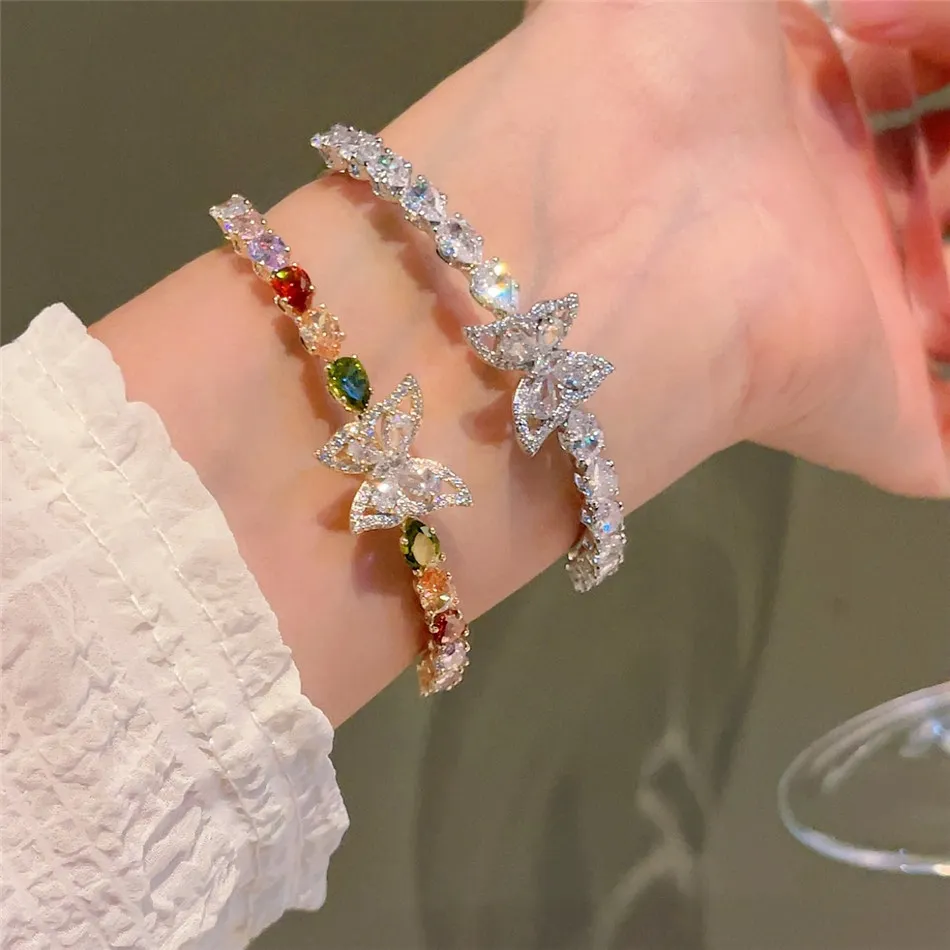 Silver - Toned Open Cuff Bangle With Crystal Butterfly & Zircon Accents, Shiny Elegant Jewelry For Daily Or Glamorous_voghion.com