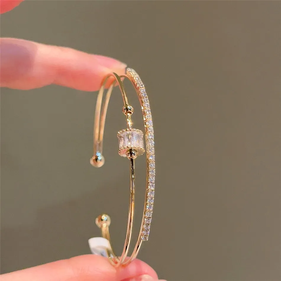 Gold Toned Double - Layered Open Cuff Bangle With Rectangular Crystal & Zircon Accents, Shiny Elegant Jewelry For Daily_voghion.com