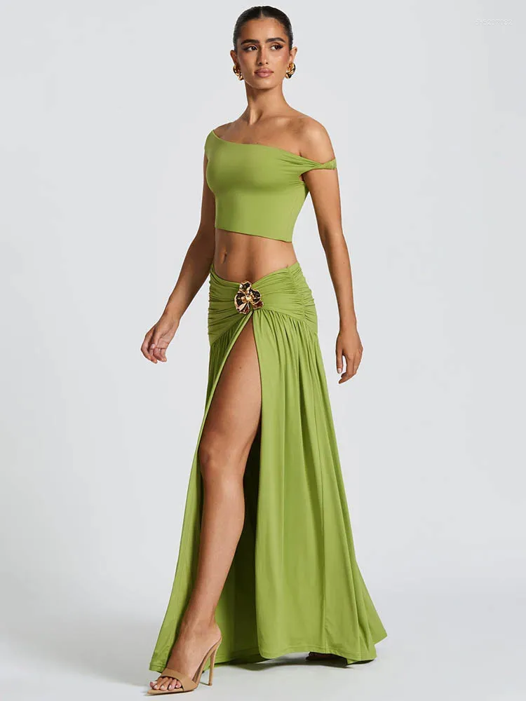 two piece casual dresses Casual Dresses Mozision Elegant Dress Set Women Skew Collar Crop Top And  Split Skirt Matching Fashion Backless Pleated Two Piece