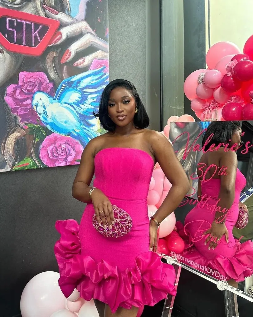 hot pink strapless homecoming dress Strapless Hot Pink Feathered Sleeves Tight Homecoming Dress – FancyVestido main image 0