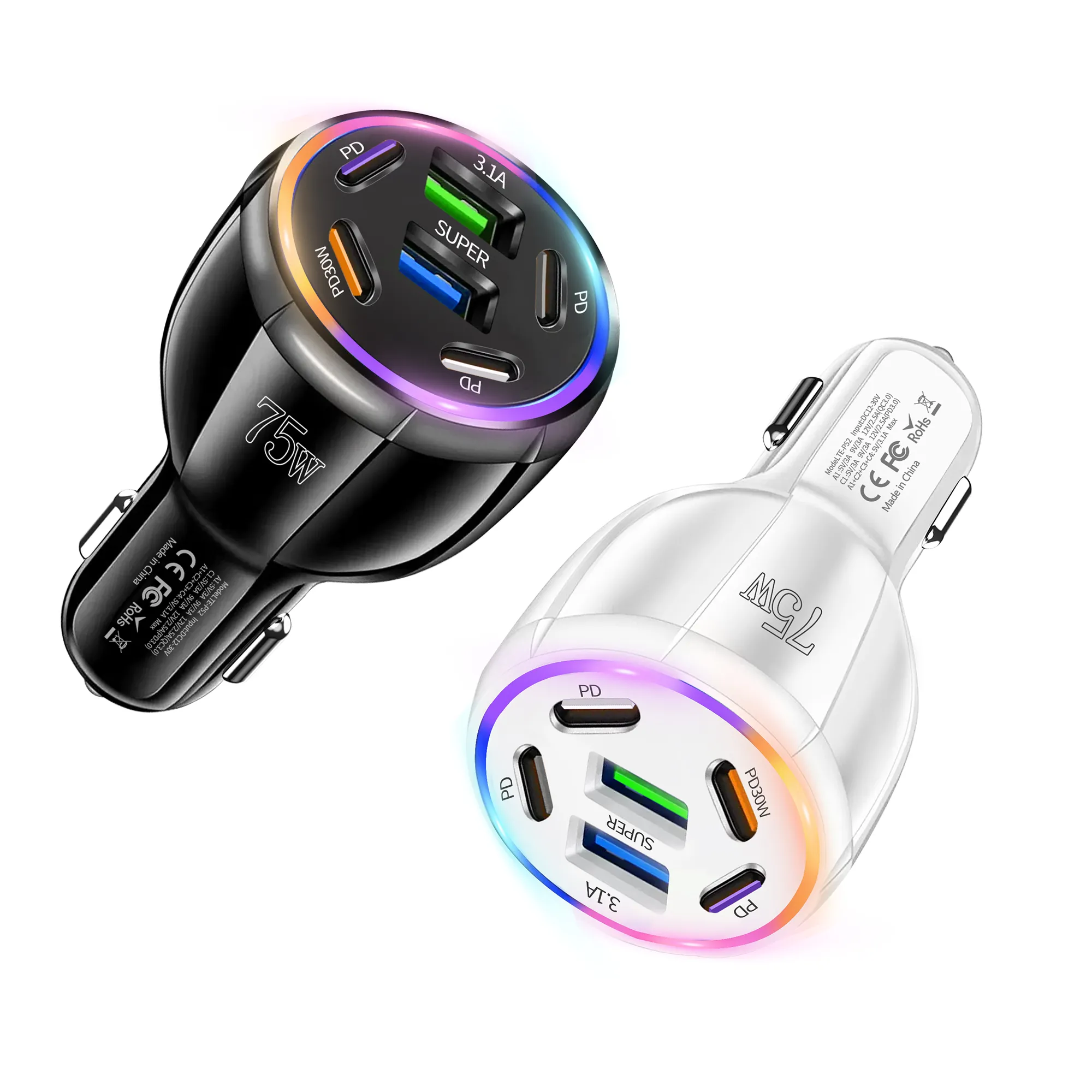 6 Ports Car Charger 4 PD & Dual QC3.1 Fast Charging Adapter With ...