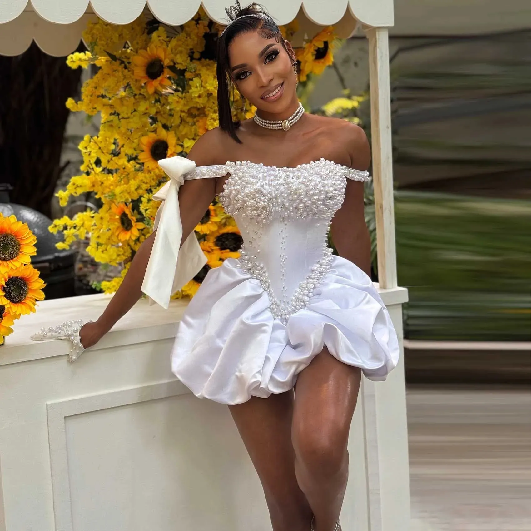 off white short prom dresses Off-Shoulder Short Poofy Prom Dress With Sheer Corset Blush / XLarge