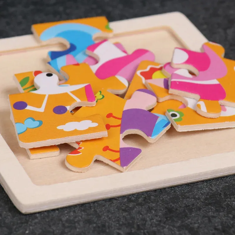 Wooden 3D Puzzle Jigsaw for Children, Baby Cartoon Animal Traffic ...