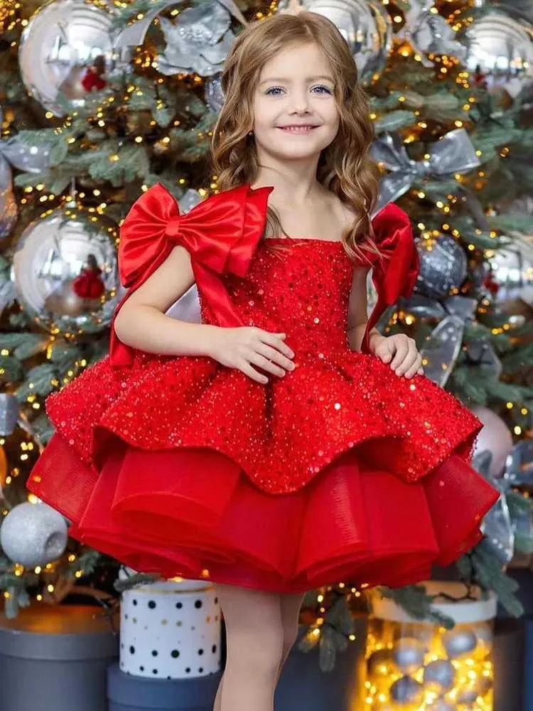redgirl dress Short Sleeves Tea-Length Red Girl Party Dresses with Rhinestones main image 1