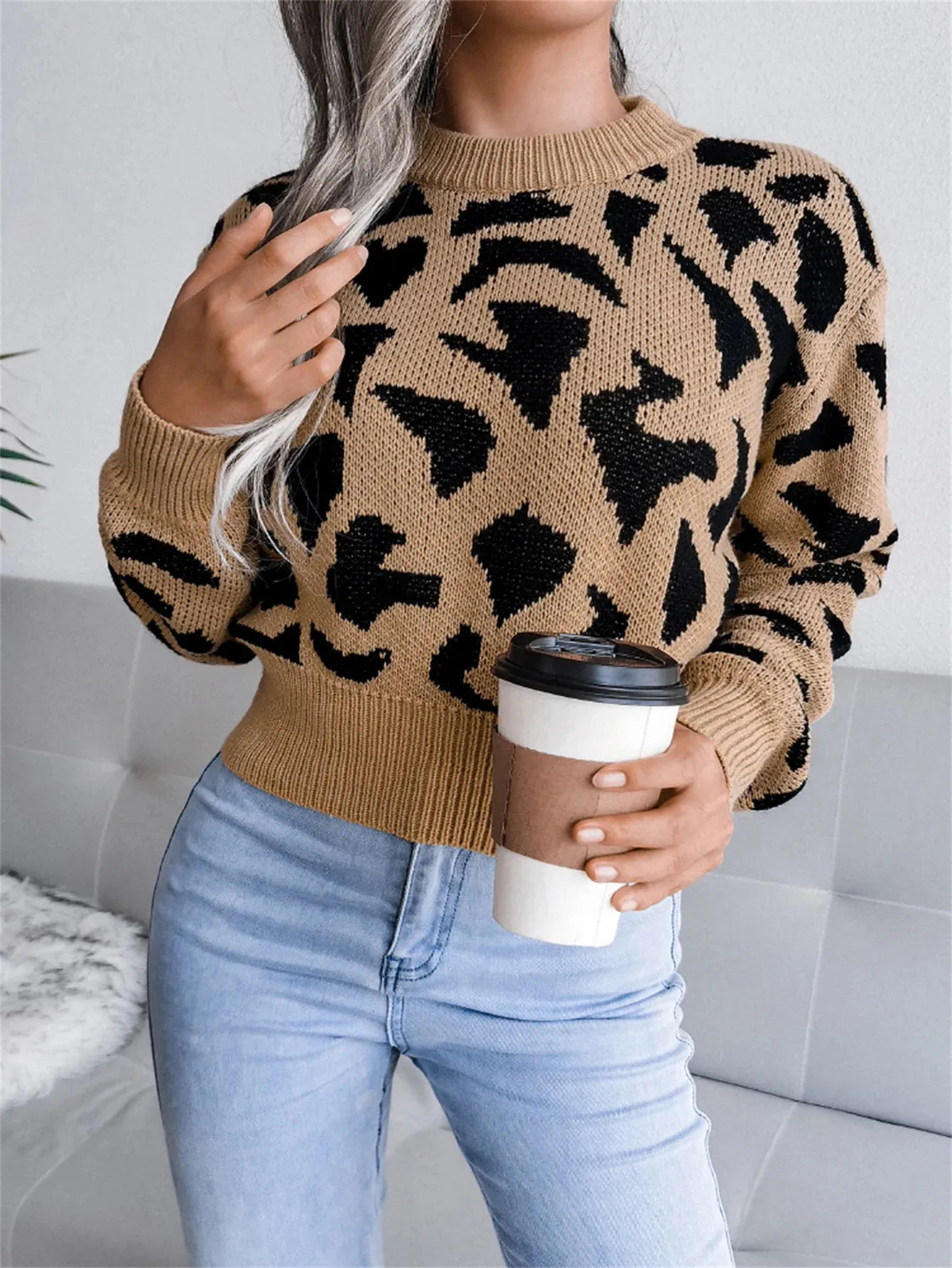 Leopard Pattern Sweaters Autumn Winter Round Neck Leopard Pattern Waist Collection Short Knitted ...
