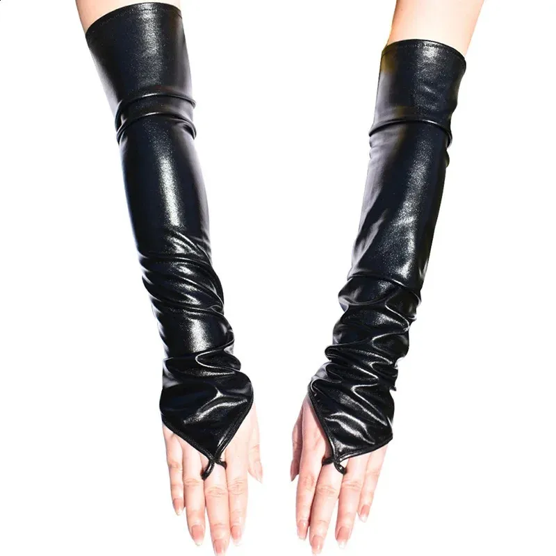 Sexy lange Handschuhe aus schwarzem Leder fr Damen  glnzendes  Cosplay-Pole-Dance-Zubehr fr Halloween-Tanzparty  1 Paar