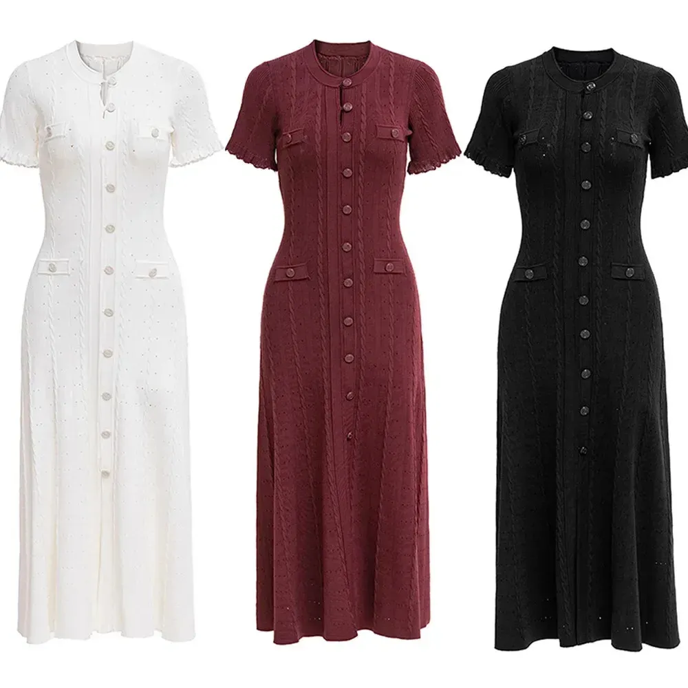 Summer Solid Round Neck Short Sleeve Knitted Floor-Length Dress for ...