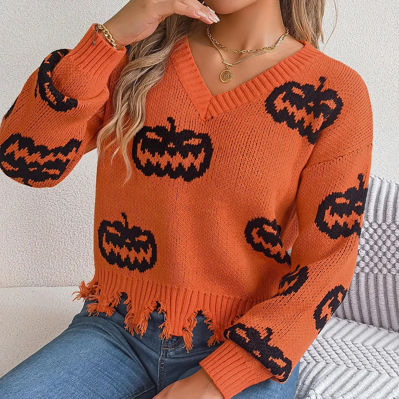 Halloween Block Color Zucca A Maniche Lunghe Maglione Pullover