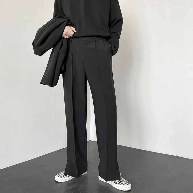 Mens Straight Baggy Casual Pants Korean Slit Personality Suit Trousers 