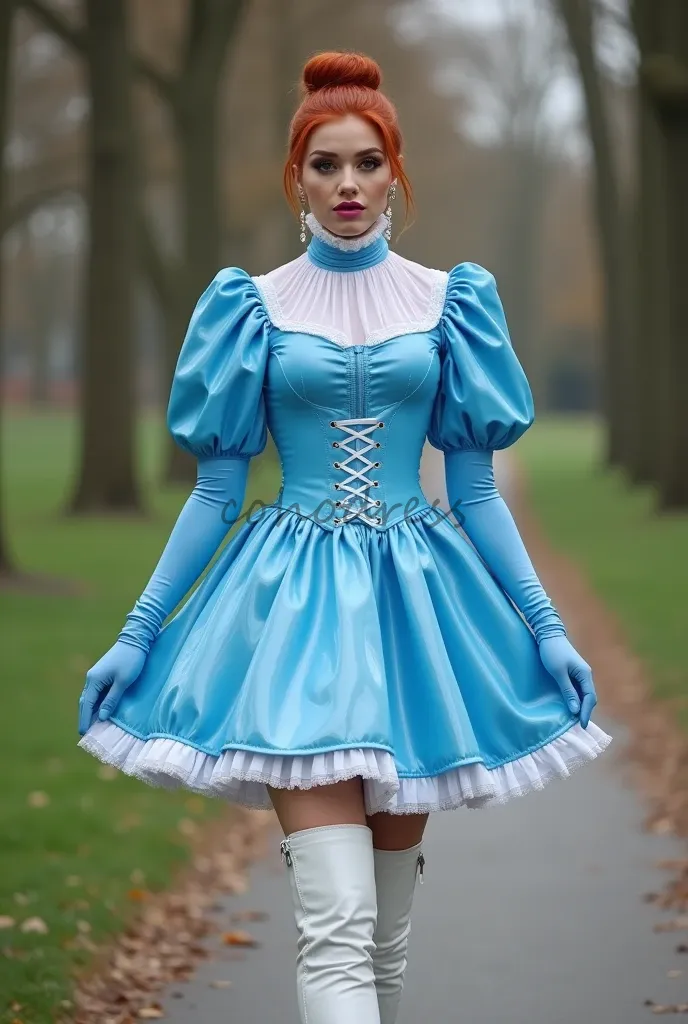 blue french maid dress French Sissy Maid Lockable blue Organza satin Dress Uniform Cosplay Costume
