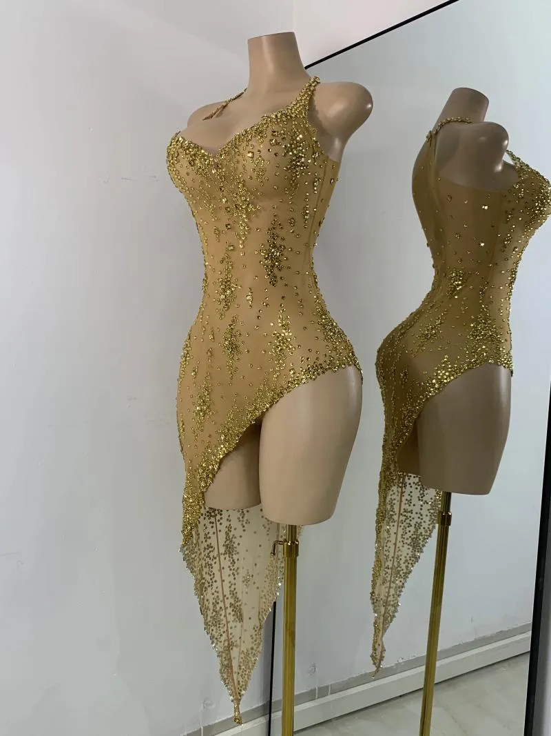 Casual Dresses Sparkly Gold Design Evening Party Dress Luxury Rhinestones  See Through Sexy Women's Clothing Mesh Stretch Birthday