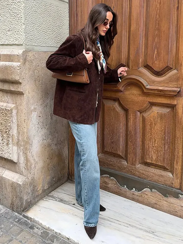 Giacca da donna in finta pelle scamosciata con risvolto colletto in pelle scamosciata blazer giacche primavera inverno caldo maniche lunghe moda camoscio tuta giacca giacca cappotto vintage top blazer