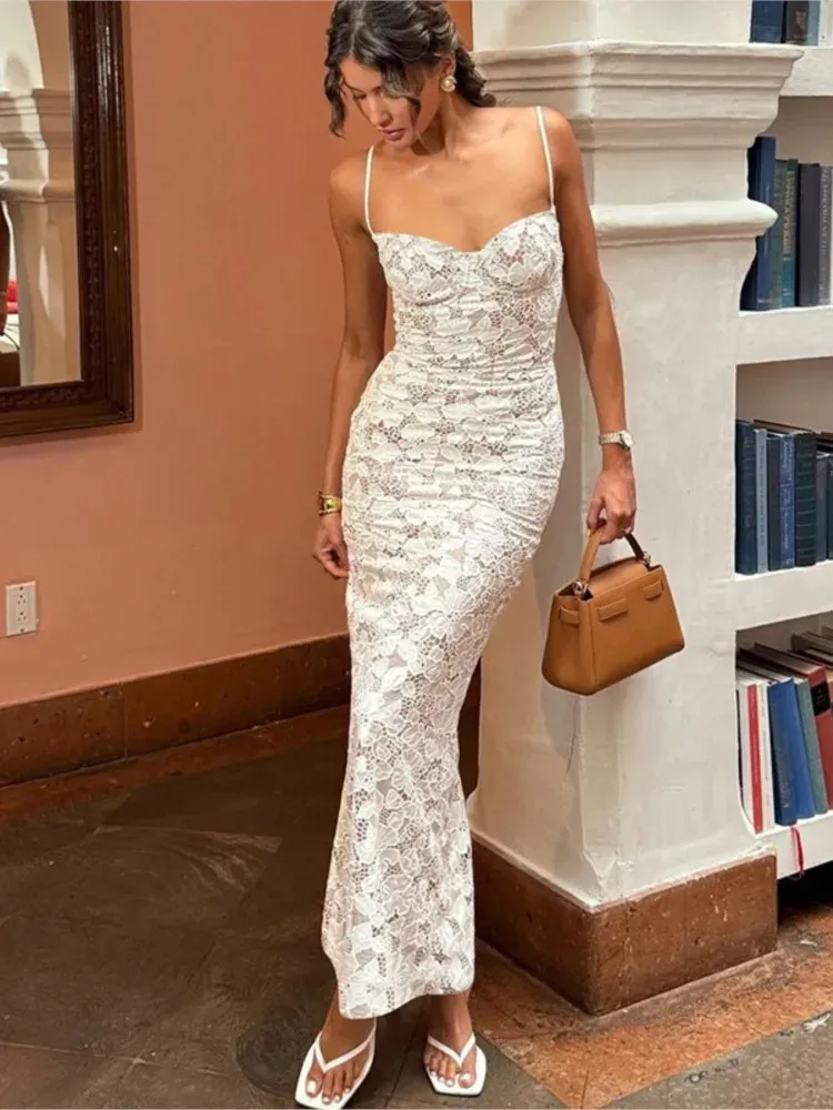 sachin and babi light blue dress Solid Color Lace Hollow Out See Through Dresses Sexy Off-the-shoulder Slim  Fit Spaghetti Strap Rodes Women Party Club Vestidos