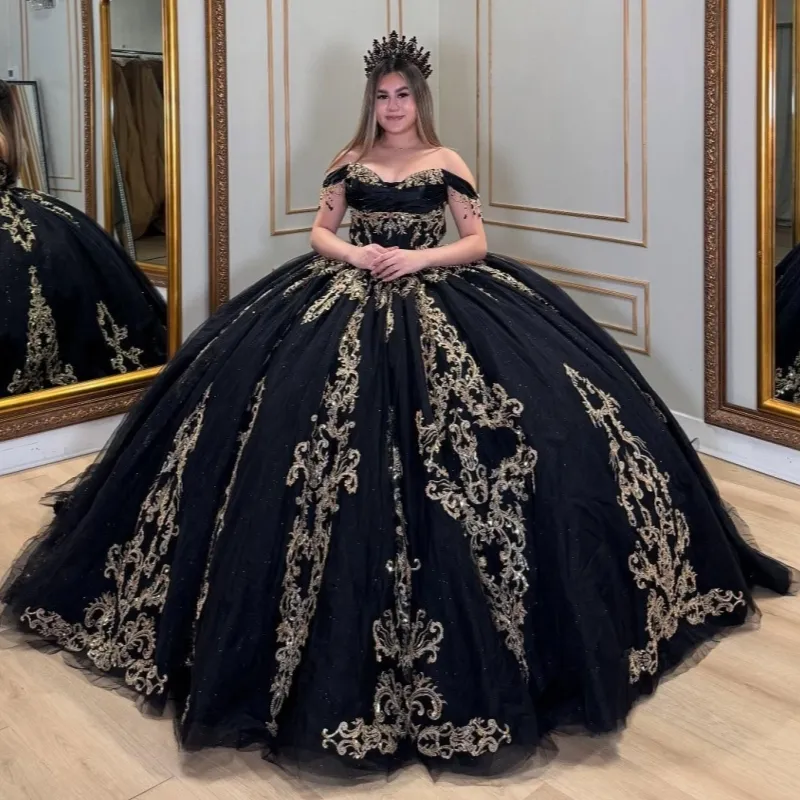 black and gold quince dress Tulle Quinceanera Ball Black Ball gown with Lace Appliques Three Quarter Sleeves perfect for making a grand entrance Cute Black And Gold Quinceanera