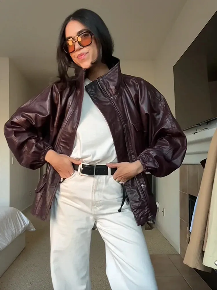 Womens Faux Leather Standup Collar Jacket with Hood and Zipper