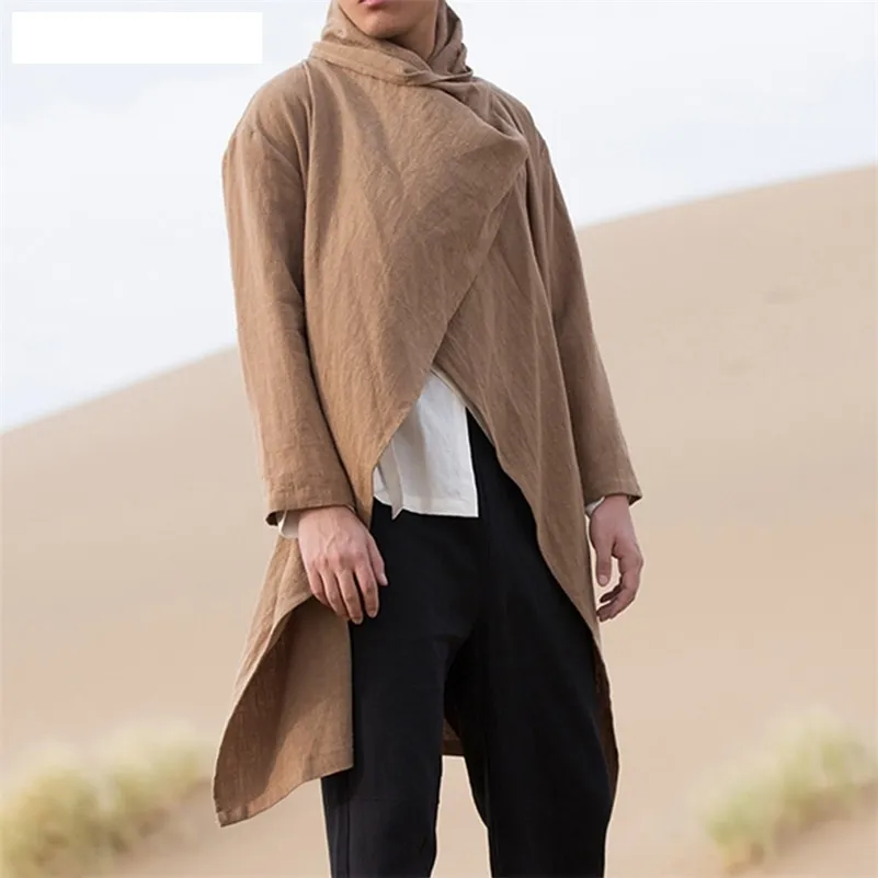 Mens Cotton and Linen Trench Cape, Long Irregular Cape, Autumn and