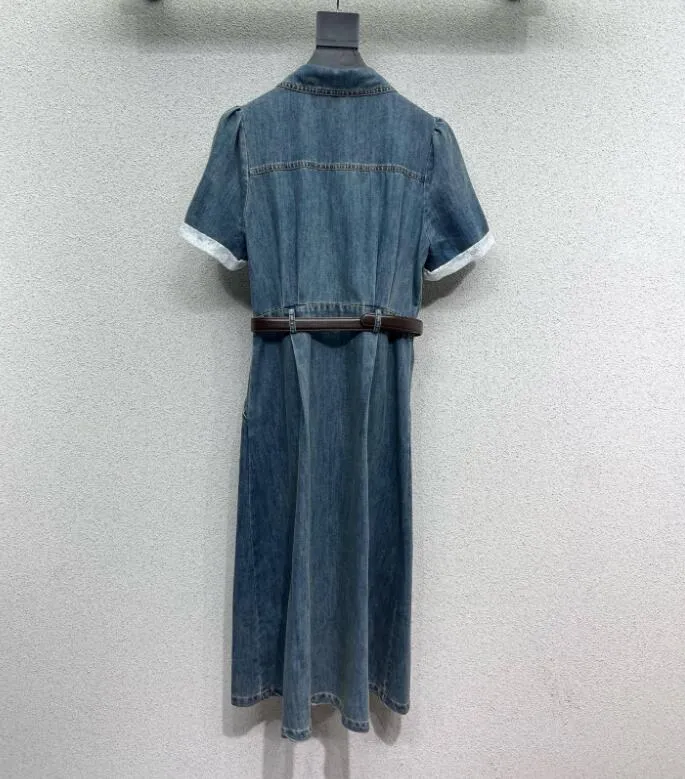 Denim Women's Vintage Lace Knee Length Dress Natural Waist Lapel Neck Up To 50% Off