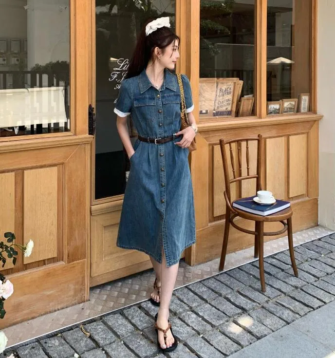 designer jeans dress Womens Vintage Denim Floral Aline Long Sleeve Gown Casual Dress Belt Jeans Skirt
