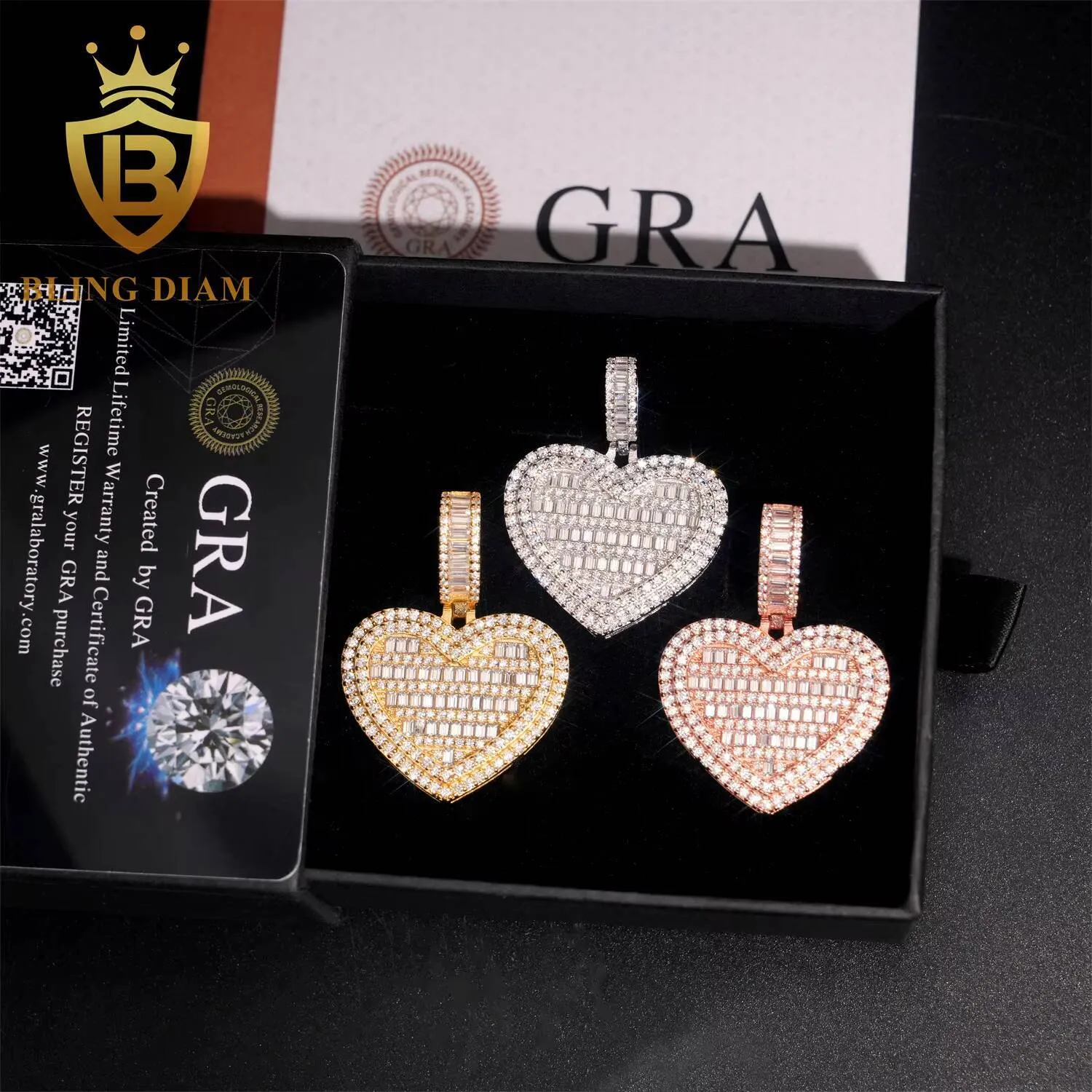 Pendentif cœur serti de diamants, en argent 925 et moissanite taille baguette. Bijou hip-hop. Testeur de diamants réussi._voghion.com