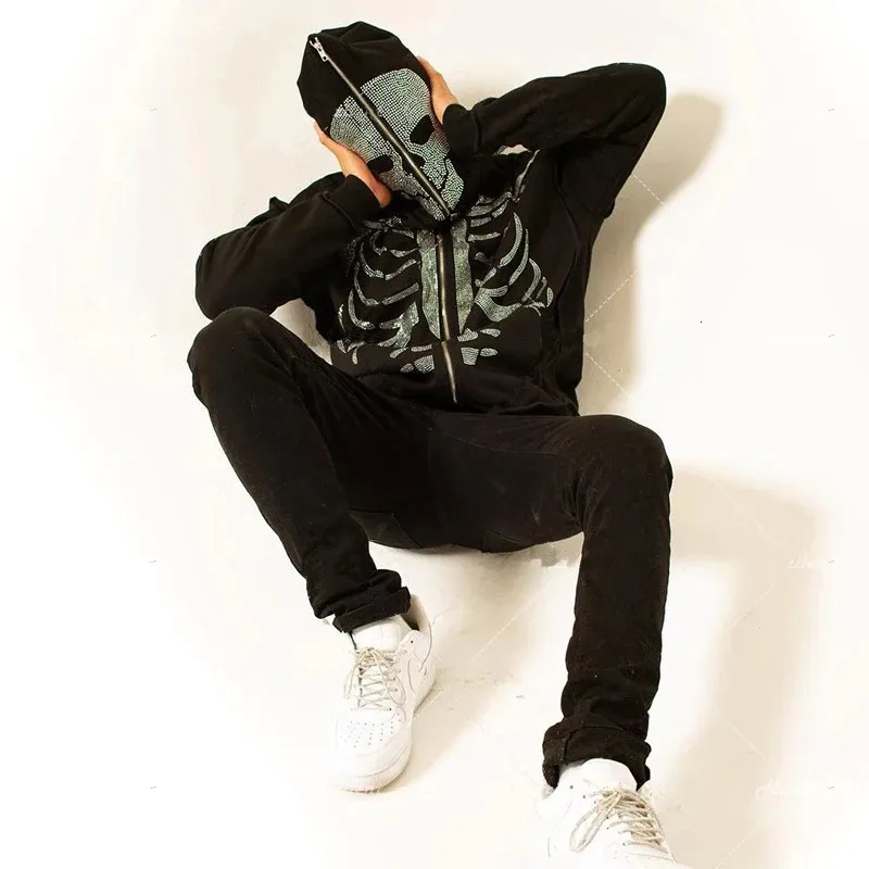 Skeleton Jacket Rhinestone Rhinestone Full Zip Hoodie Skeleton Goth Sweatshirt Long Sleeve Black ...