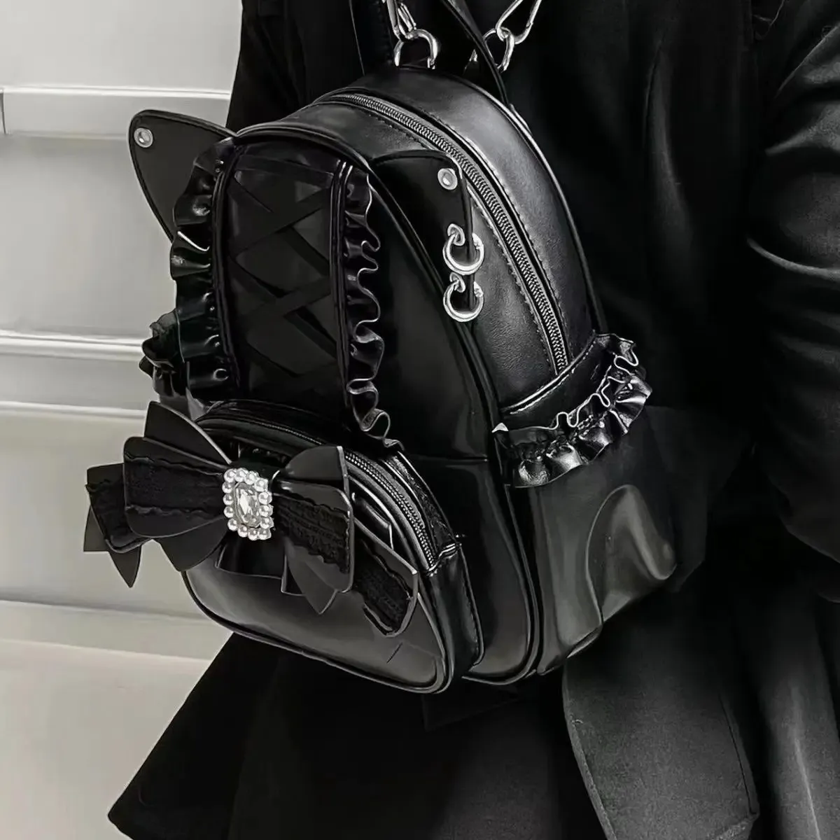 black leather lace backpack Korean Fashion Y2K Punk Backpack