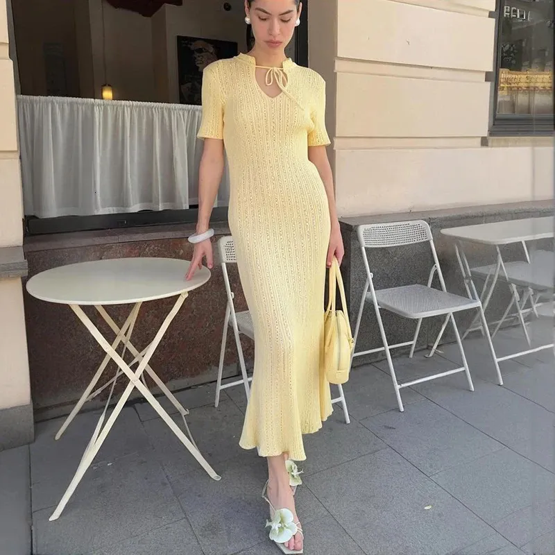 retro knit dress Tornova Knitted Long Female Short Sleeve Slim Hollow Retro Elegant Sweater Dress Summer High Waist Woman Dress 250906 80s sweater outfit
