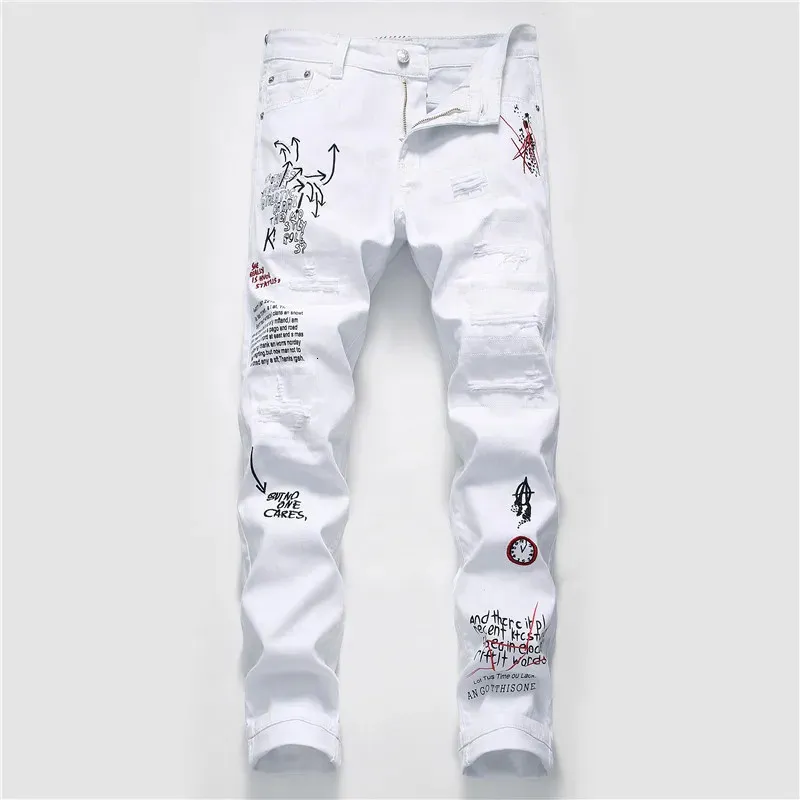 White Rapper Pants Men's Streetwear Ripped Printed White Skinny Jeans Hip Hop Punk Casual ...