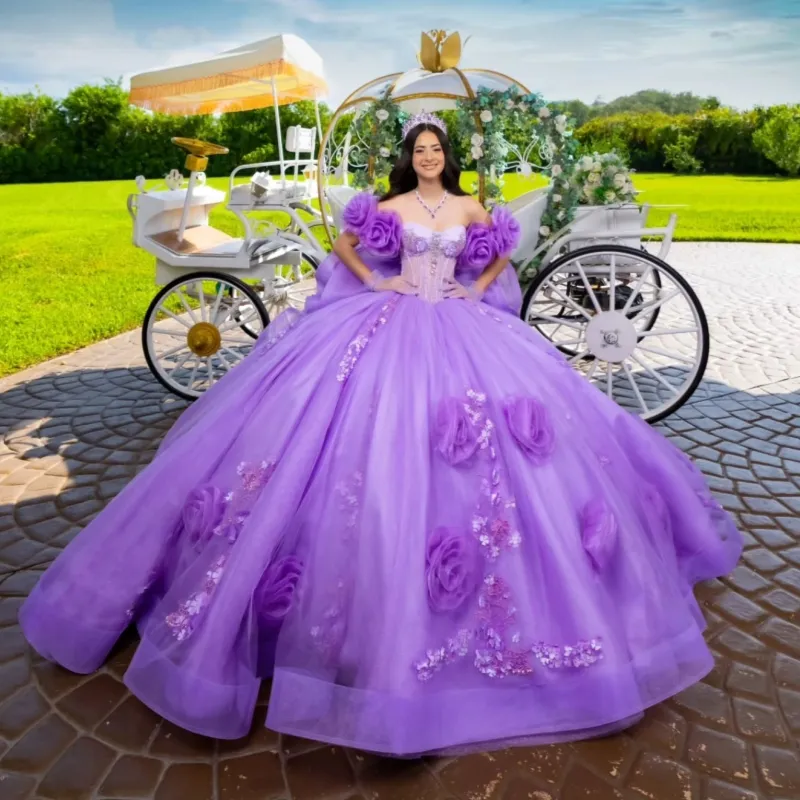 Shiny Off-Shoulder Purple Ball Gown Quinceanera Purple wedding dress with Applique, Flower Beads, and Tull - Perfect for Birthday, Sweet 16, or Party