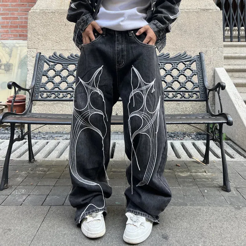 Cyber Y2K Streetwear Wing Embroidery String Baggy Denim Jeans