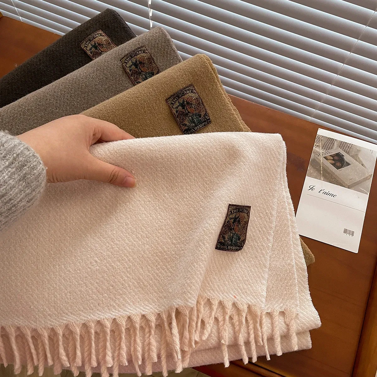 Winter Wool Cashmere Solid Color Scarf for Women, Warm Thick Soft ...