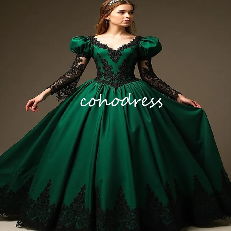 Retro Green With Black Medieval Evening Dress 2025 Long Sleeve Satin Gothic  Prom Dress Elegant Noble Formal Party Gown Vampire Vestio De Fiesta