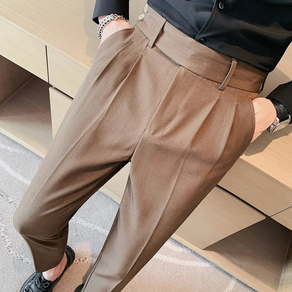 Naples British Style Twill Pleated High Waist Slim Casual Trousers For ...