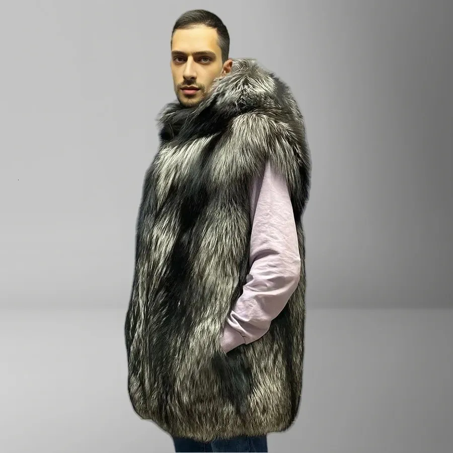 Natural Silver Fox Fur Hooded Vest 100% Cotton Non-Woven Cropped
