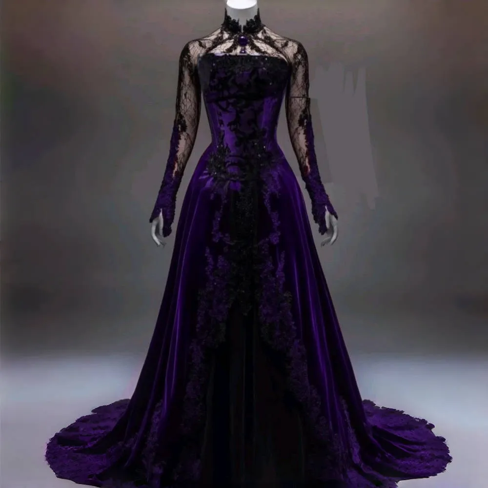 Save Big on Bulk Purple Vampire Dress Vintage Royal Purple And Black Prom  Dresses Lace Appliques Long Sleeves Evening Gowns Classic A Line Vampire ...