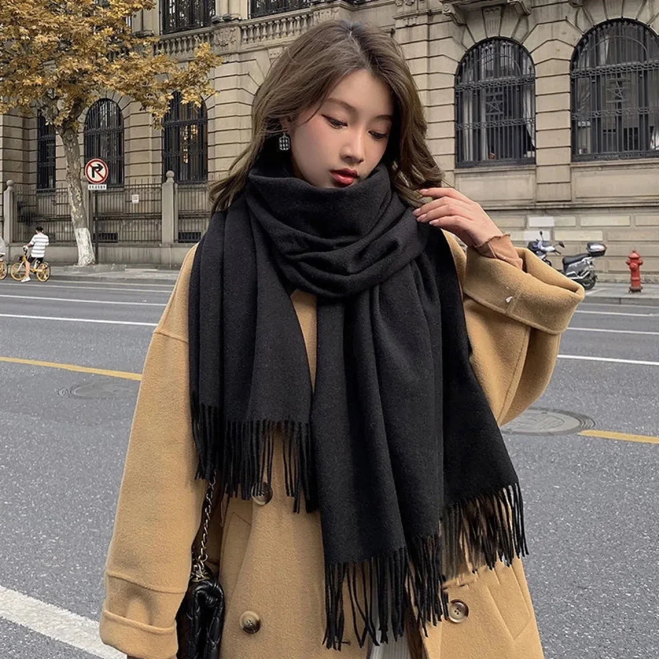Black Checkered Cashmere Wool Scarf for Women Ladies, Warm Winter Scarf ...