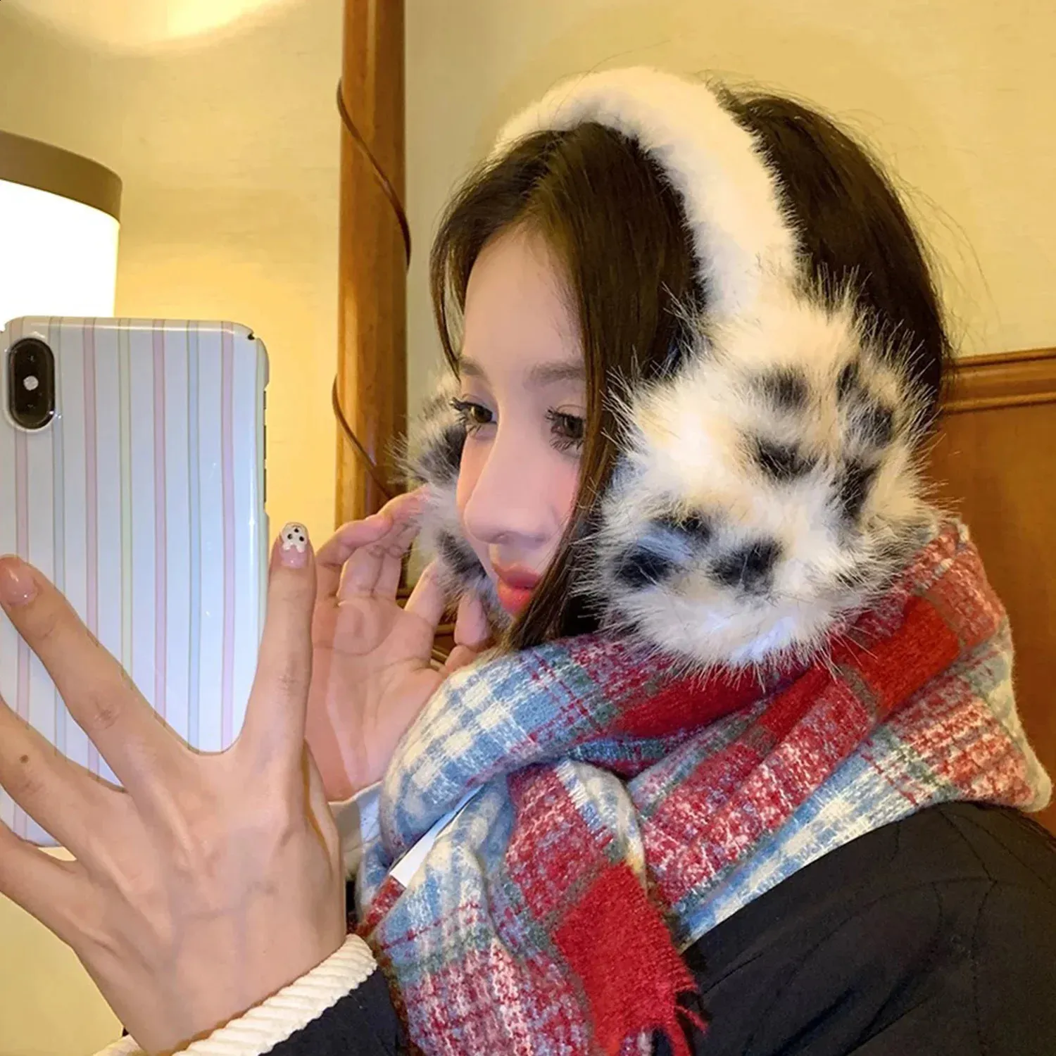 Y2K Leopard Faux Fur Earmuffs Foldable Winter Warm From Qida10