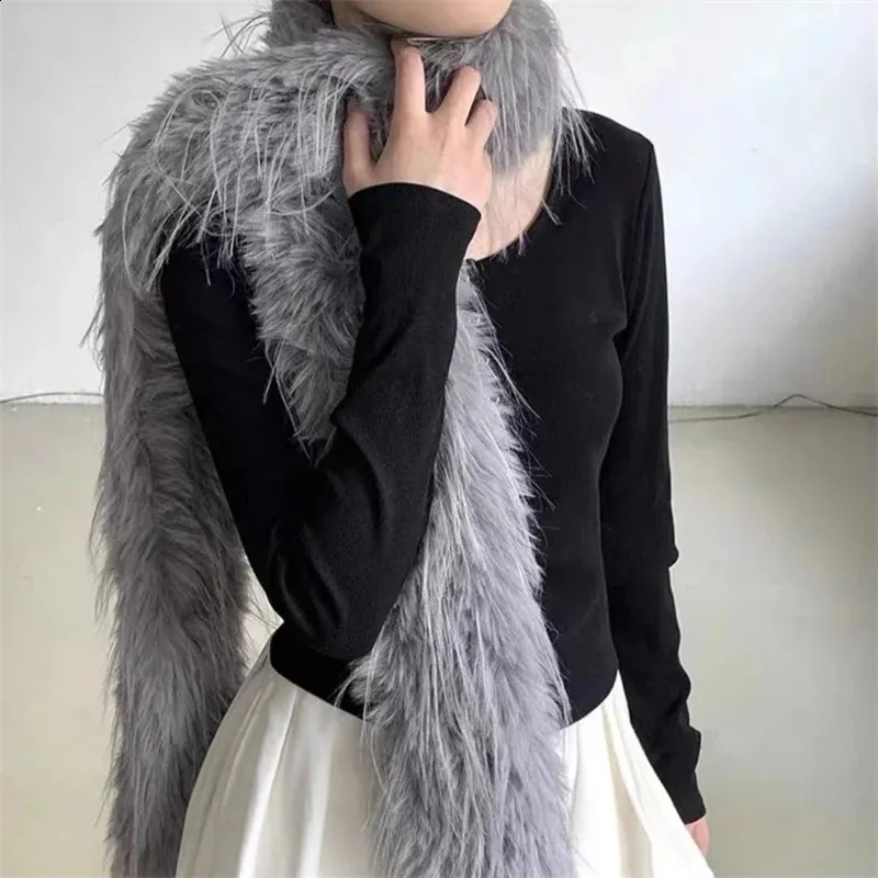 Y2K Korean Runway Style Plush Boa Feather Scarf With Mink Fur Strip For ...