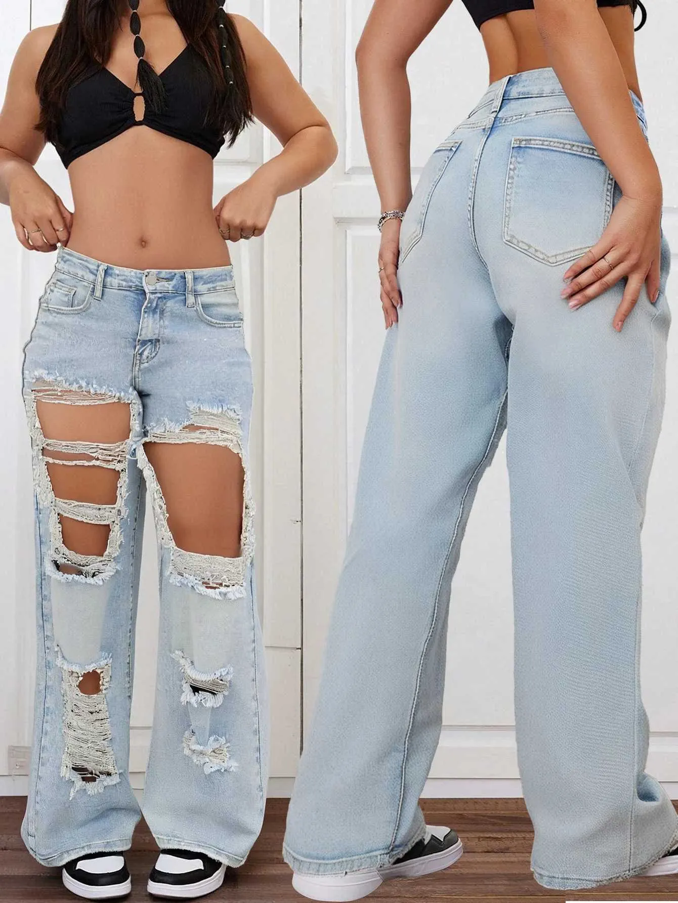 Women's Light Blue Extreme Ripped Wide Leg Jeans –... From Kin0078, $10 ...