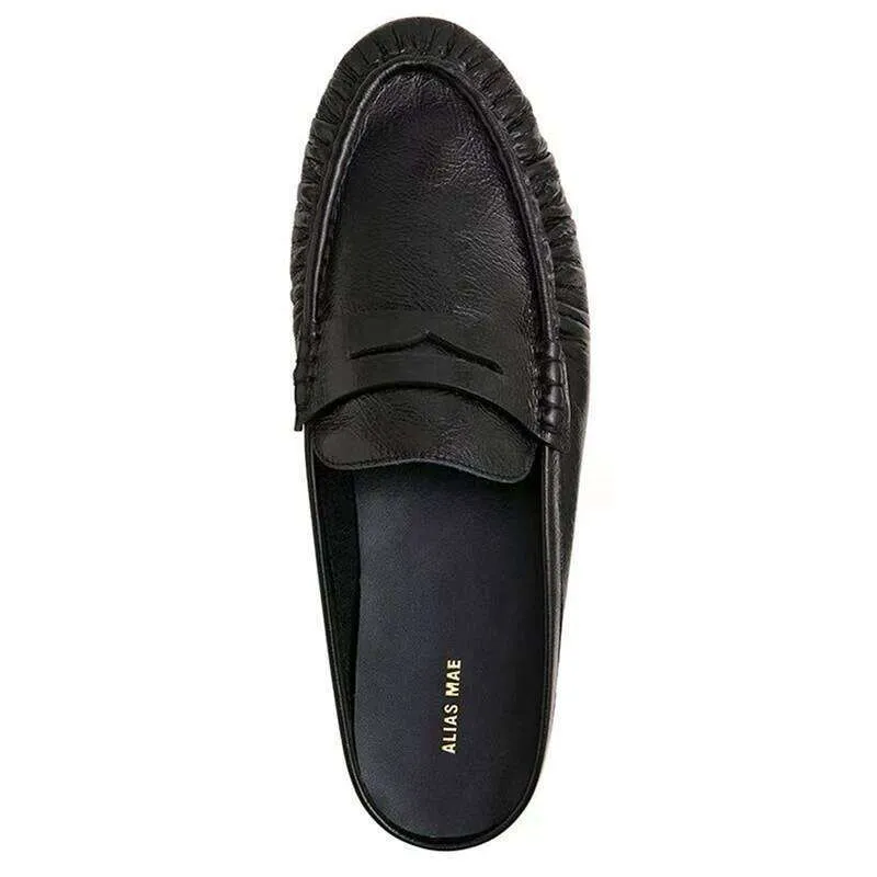 ALIAS MAE Handmade Lambskin Pleated Flat‑Top Half‑Toe Women’s Mule – Vintage Style, 56% OFF