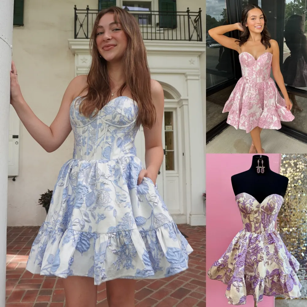 Save Big on Bulk Brocade Cocktail Dress Floral Graduation Dresses Blue  Brocade Strapless Corset Cocktail Dress For Juniors Homecoming, Semi Formal  - Main Image