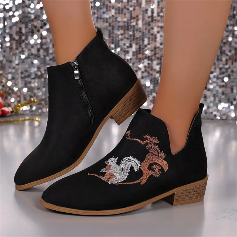 free Shipping Designer Shoes Autumn New Large Embroidered Martin Women's Coarse Heel Side Zipper Short Boots Size 36-43_voghion.com