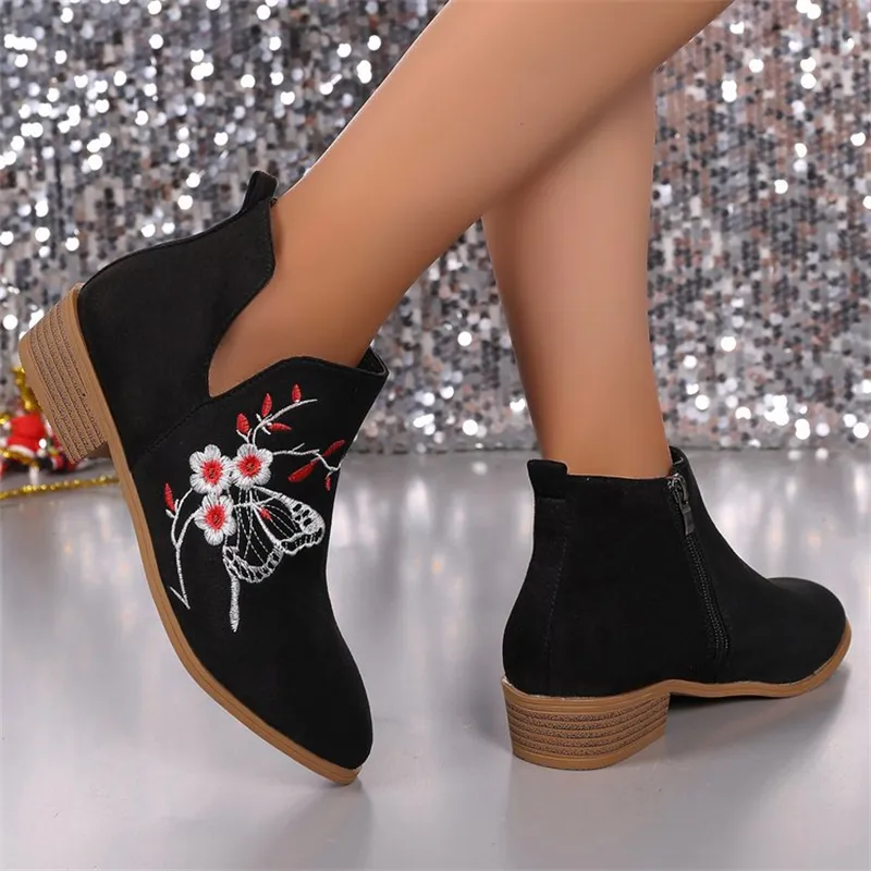 free Shipping Designer Shoes Autumn New Large Embroidered Martin Women's Coarse Heel Side Zipper Short Boots Size 36-43_voghion.com