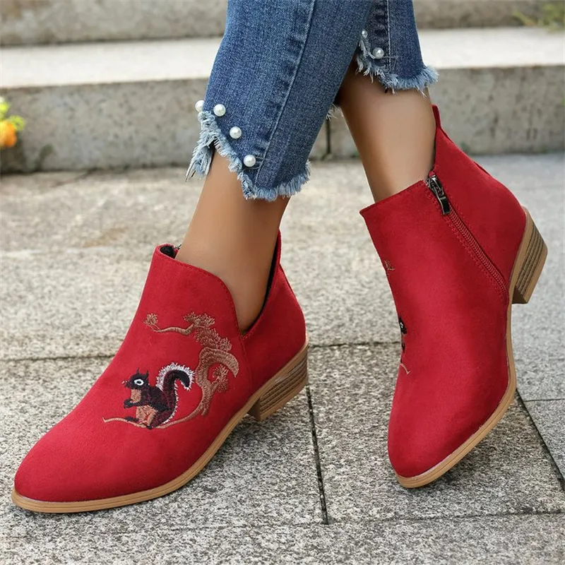 free Shipping Designer Shoes Autumn New Large Embroidered Martin Women's Coarse Heel Side Zipper Short Boots Size 36-43_voghion.com