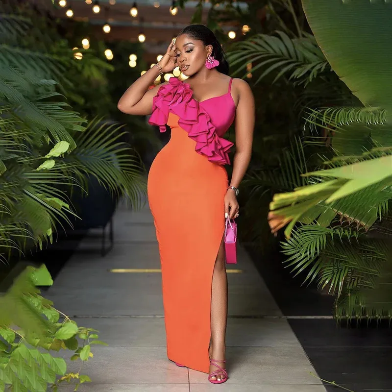 Women Sleeveless V-Neck Ruffle Bodycon Midcalf Bandage Dress in Orange for Party Celebration from Dhgate Urban Sexy Dresses
