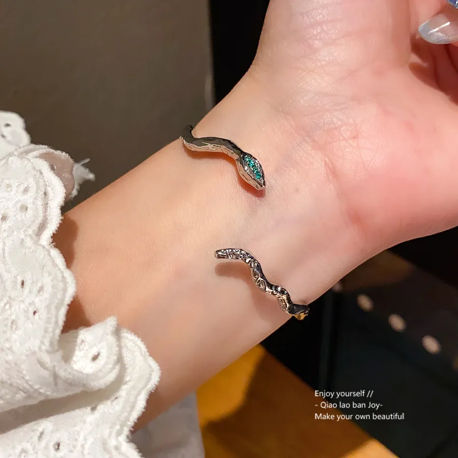 Silver Toned Cuff Bangle With Snake Shaped Design, Emerald Hued Crystal Accent Delicate Daily & Edgy Jewelry Gift For_voghion.com