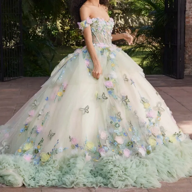 pink and green quince dress Off Shoulder Light Quinceanera Ball Mardi Gras... From Zaomeng321, Rs.28,968.95 sage green quince dress with flowers